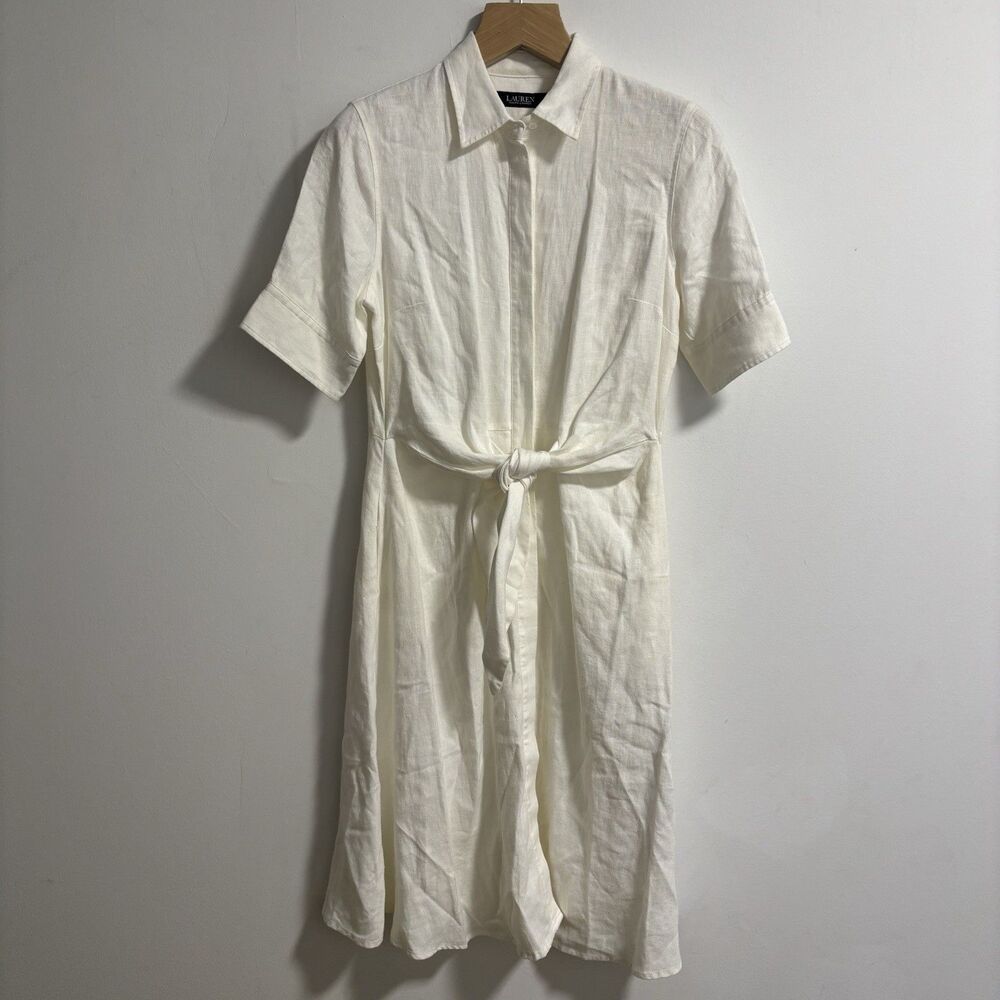 Lauren Ralph Lauren Tie-Front Linen Shirtdress Women’s Sz 4 White Short Sleeve